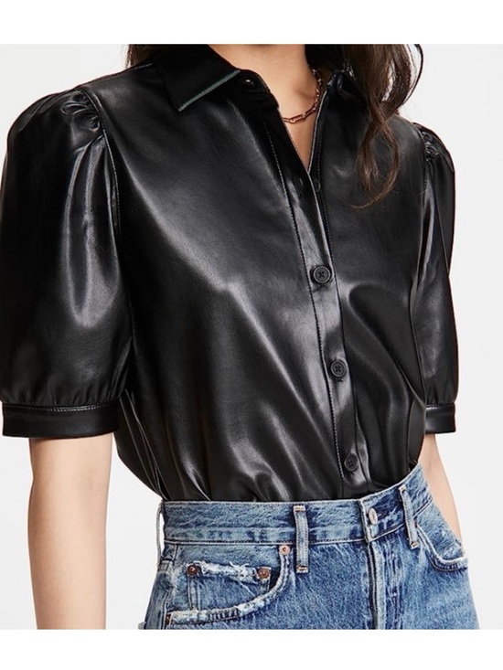 Steve Madden Tops - Steve Madden Faux Leather Puff Sleeve Button-Up Top - Black